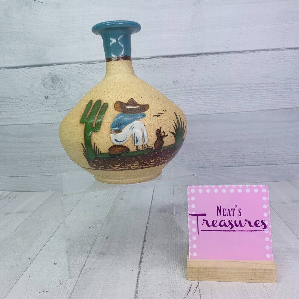 Vintage MEXICO FOLK ART Cactus Man Signed Mexico CO Hand Painted Pottery  Vase